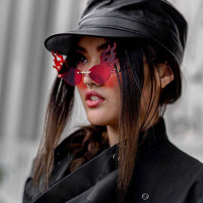 Flaming Fire Color Tinted Lens Oval Rimless Flames Sunglasses D073