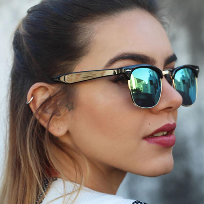 Gafas de sol retro con borde de cuernos y medio marco con lentes de espejo flash 9309