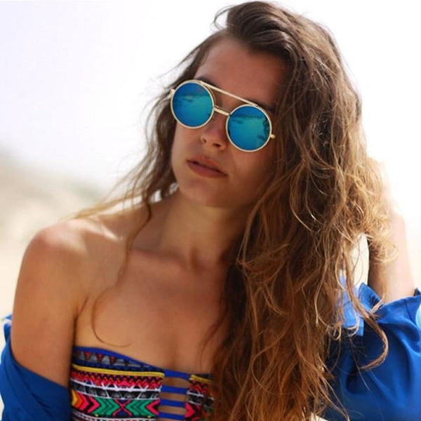 IG Eyewear Blue Flash Mirror Lens Sunglasses - Retro Round Steampunk Style UV100
