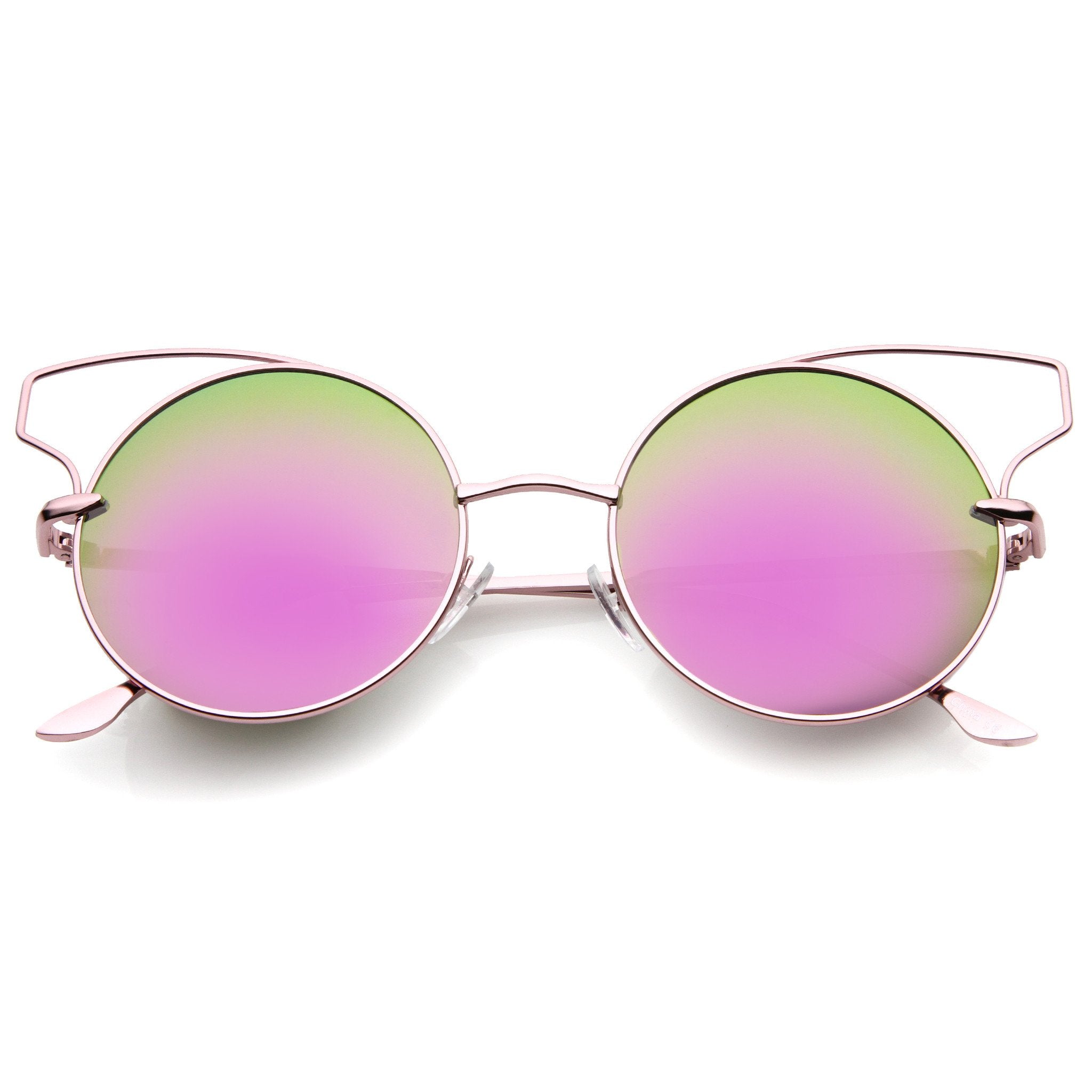 Wire Flare Round Cat Eye Mirrored Lens Sunglasses - zeroUV