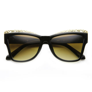Women's Trendy Fashion Pointed Metal Cut Out Cat Eye Sunglasses 9603 - Black Gold Amber