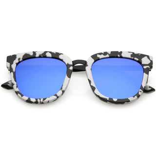 Women's Marble Print Horned Rim Mirrored Flat Lens Sunglasses C277 - Black White Black Blue Mirror