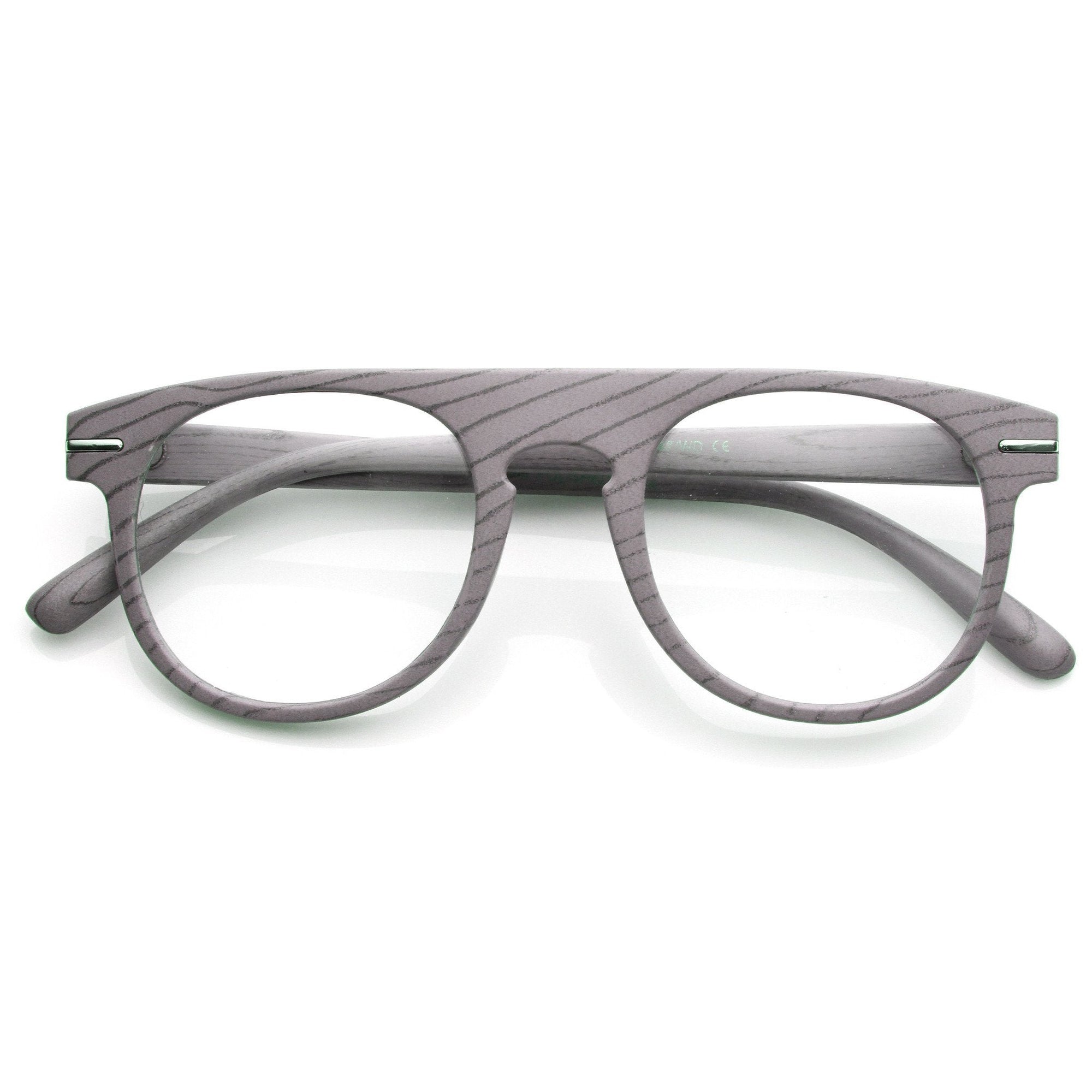 Gafas artísticas con estampado de madera, lentes transparentes redondas con parte superior plana y orificio para llave independiente, 9152