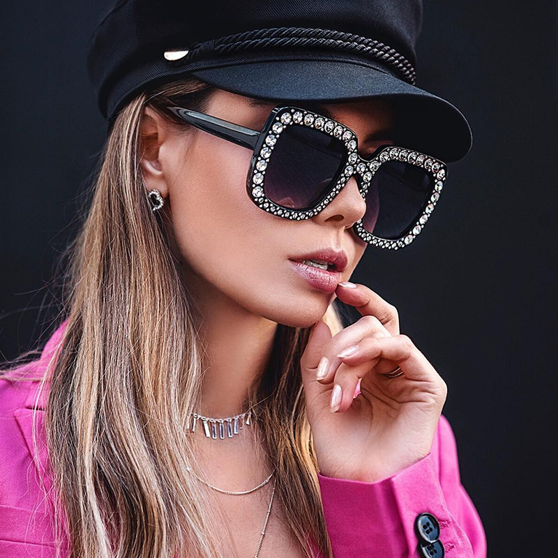 Gafas de sol cuadradas de gran tamaño con diamantes de imitación y cristales glamorosos para mujer C586