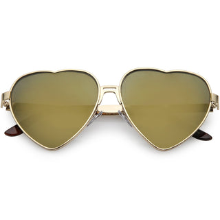 Women's Oversize Metal Heart Shaped Mirrored Lens Sunglasses C729 - Gold Gold Mirror