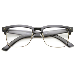 Vintage Hipster Dapper Indie Gafas de lente transparente de medio marco 9810 - Brillante Negro Oro Claro