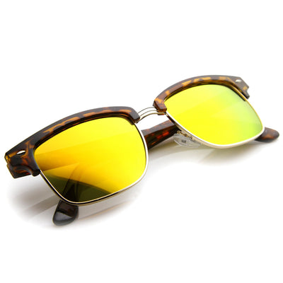 Gafas de sol retro con lentes de espejo y borde con cuernos de medio marco 9811