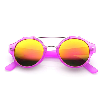 Gafas de sol coloridas retro redondas P3 con lente de espejo y barra transversal 9648