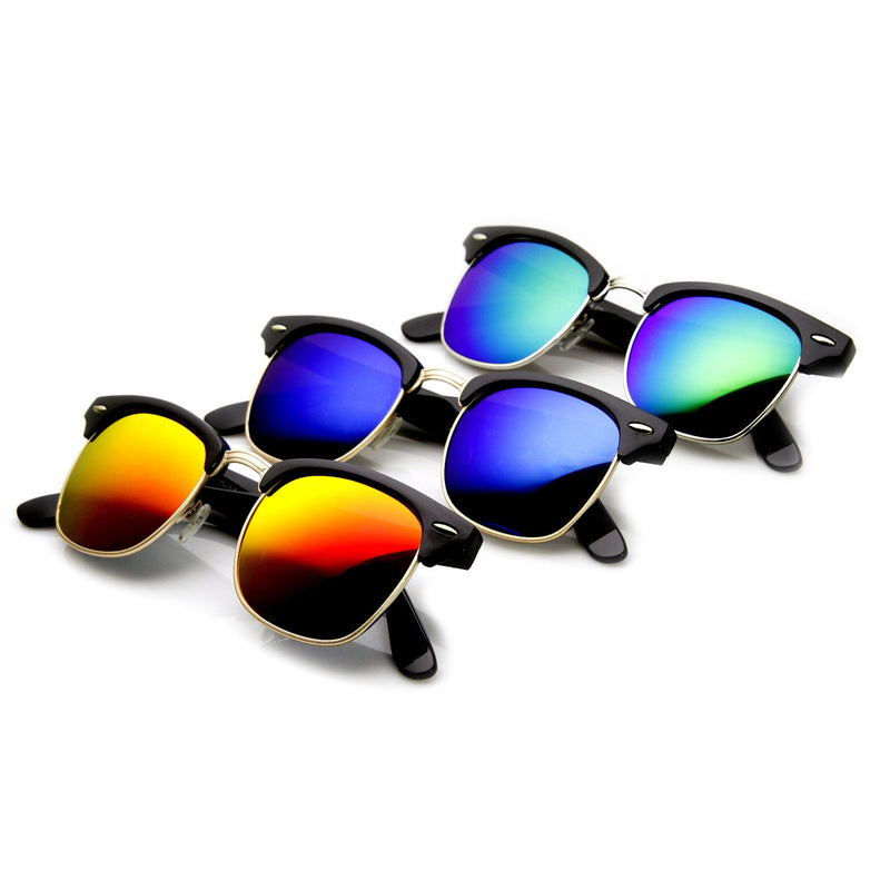 Gafas de sol retro con borde de cuernos y medio marco con lentes de espejo flash 9309 [paquete de 3]