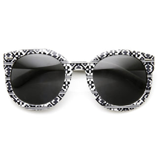 Gafas de sol redondas extragrandes con estampado nativo Indie Fashion para mujer 9379 - Píxeles blancos negros