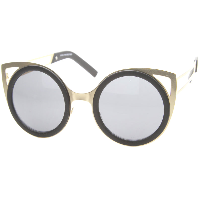 Gafas de sol estilo ojo de gato redondas con recorte de metal en dos tonos elegantes A104