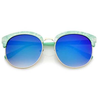 Oversize Metallic Lace Pattern Mirrored Lens Half Frame Sunglasses A548