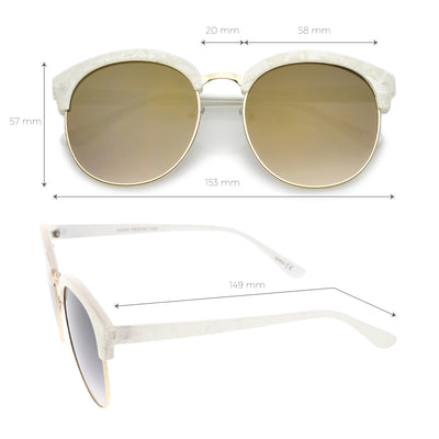 Gafas de sol de media montura con lentes espejadas y patrón de encaje metálico de gran tamaño A548
