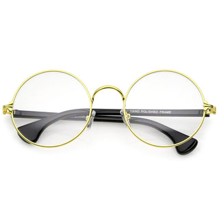 Anteojos redondos con lentes transparentes y marco de metal delgado clásico A865 - Dorado-Negro / Transparente