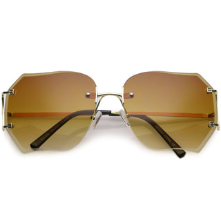 Oversize Full Rimless Beveled Gradient Lens Square Sunglasses C434 - Gold / Amber