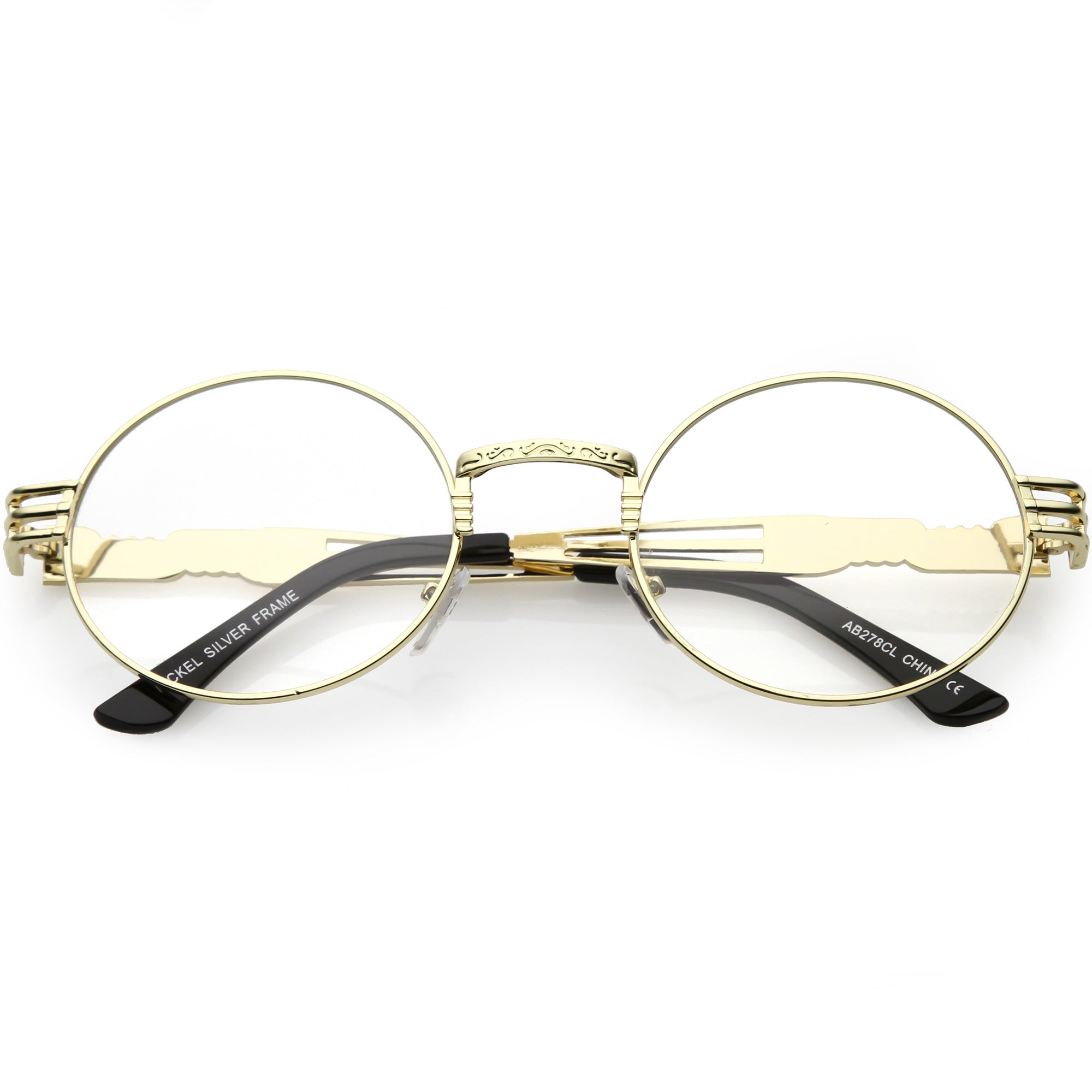 Gafas redondas retro con lentes transparentes grabadas de metal Steampunk con lentes planas C481