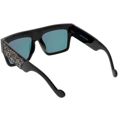 Gafas de sol con lentes espejadas y parte superior plana con diamantes de imitación de cristal para mujer C880