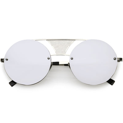 Gafas de sol redondas estilo piloto con puente nasal y barra transversal de malla metálica sin montura completa D003