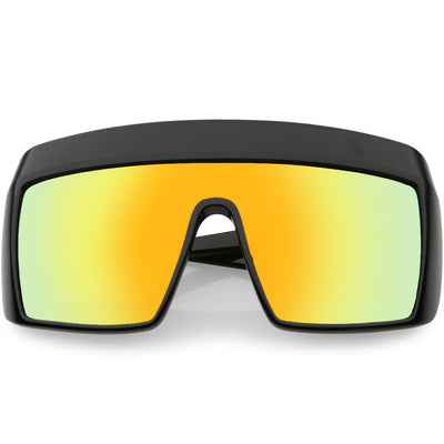 Gafas de sol futuristas de gran tamaño con patillas laterales extendidas y lentes espejadas con escudo deportivo D013