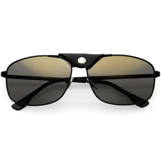 Gafas de sol de aviador cuadradas con barra transversal de metal y correa de cuero vegano a presión con botón D065 - Negro Negro / Dorado Espejo