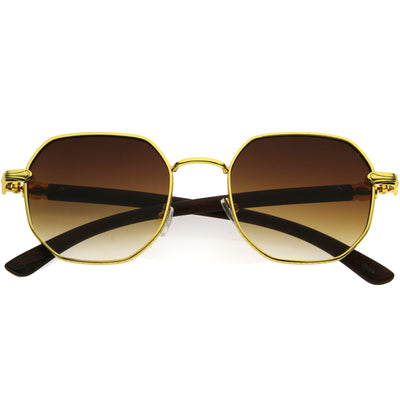 Elegantes gafas de sol poligonales redondas con detalle de madera geométrica mediana D309