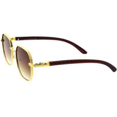 Elegantes gafas de sol poligonales redondas con detalle de madera geométrica mediana D309